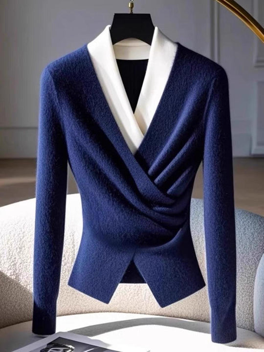 Vera - Blauer Langarmpullover mit V-Ausschnitt