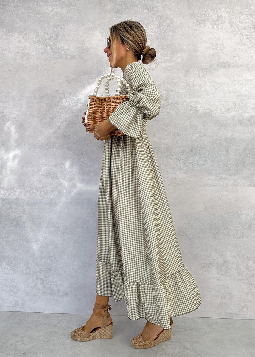 Grünes kariertes Maxikleid mit Rundhalsausschnitt