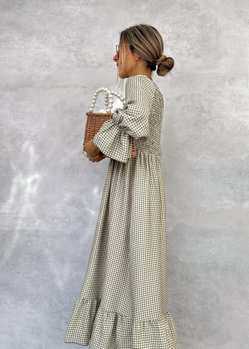 Grünes kariertes Maxikleid mit Rundhalsausschnitt