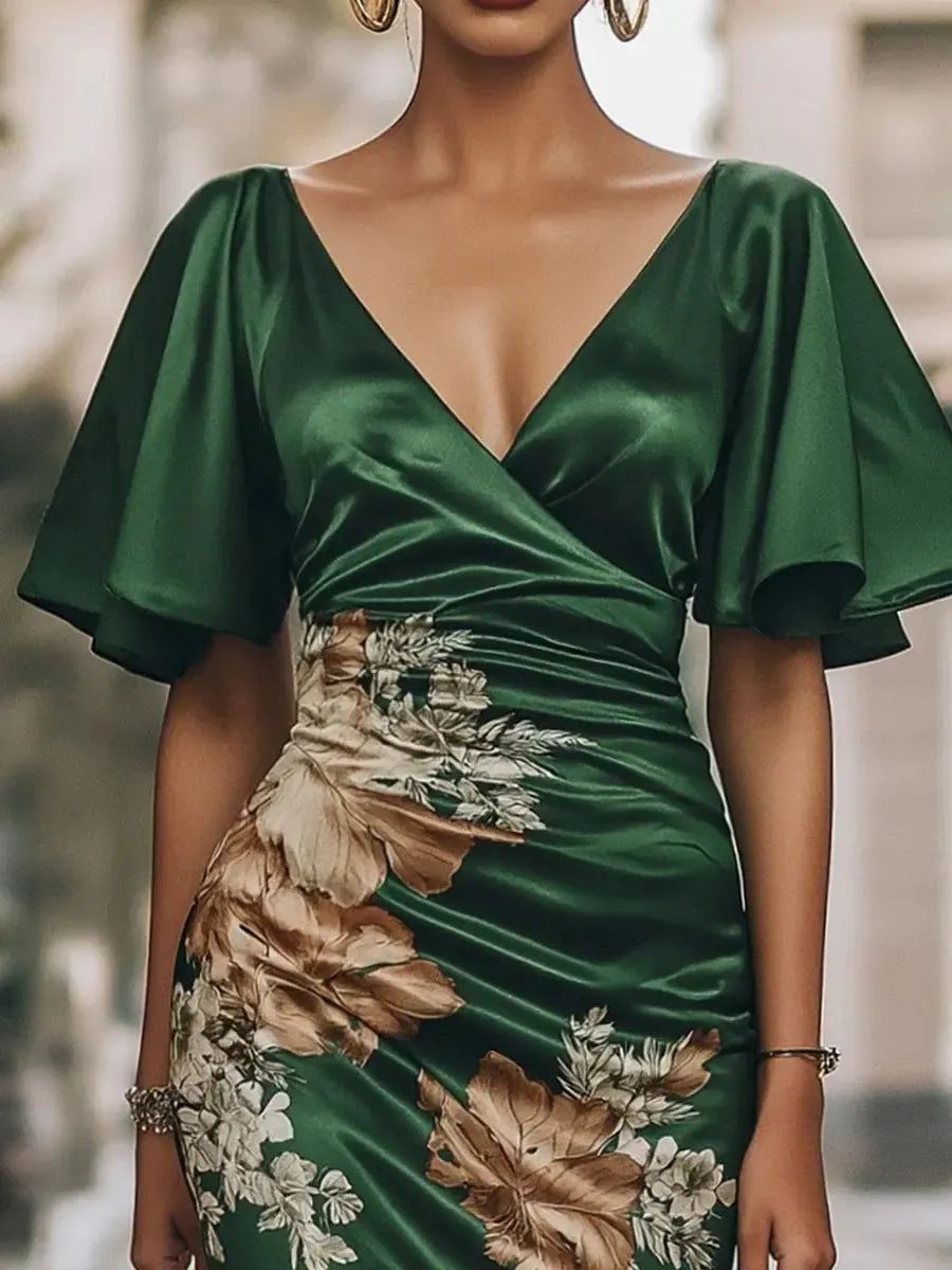 Wunderschönes kurzärmeliges Midikleid mit V-Ausschnitt
