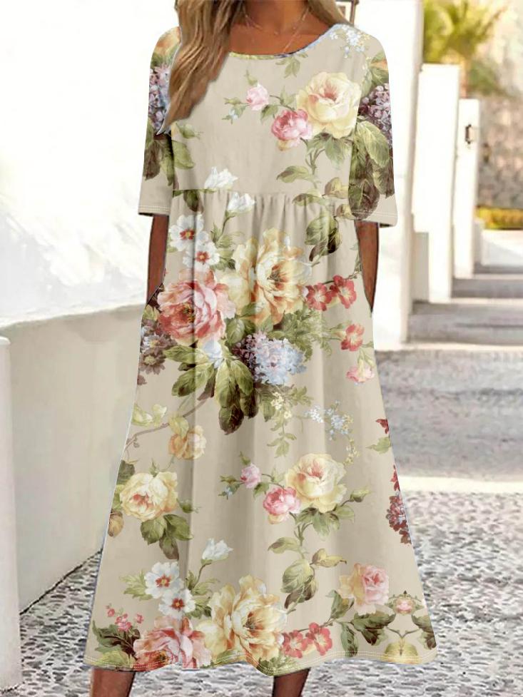 Khaki Seitentasche Rundhals Midikleid