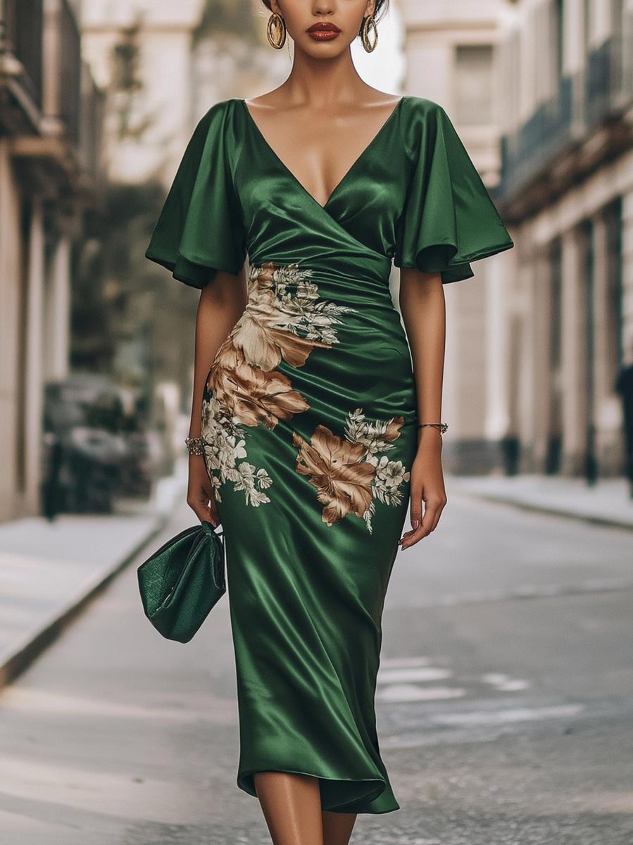 Wunderschönes kurzärmeliges Midikleid mit V-Ausschnitt