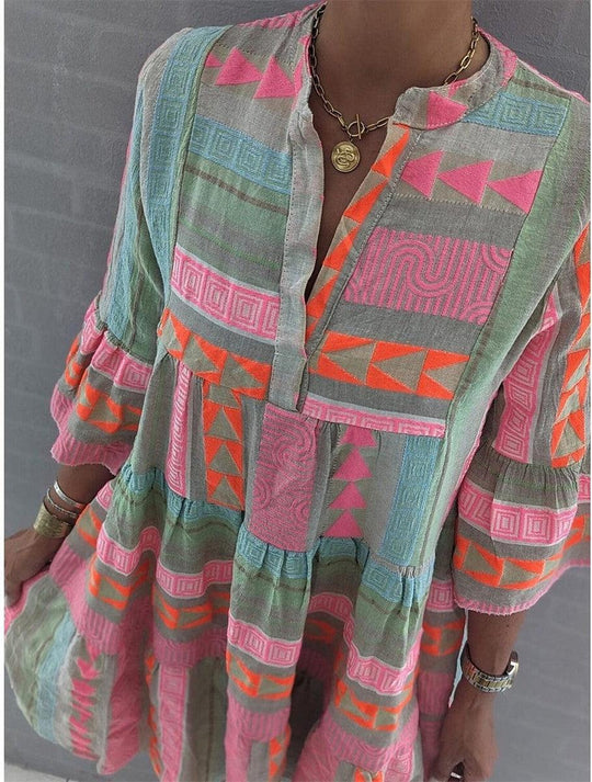 Frisches Print 3/4-Ärmel-Minikleid