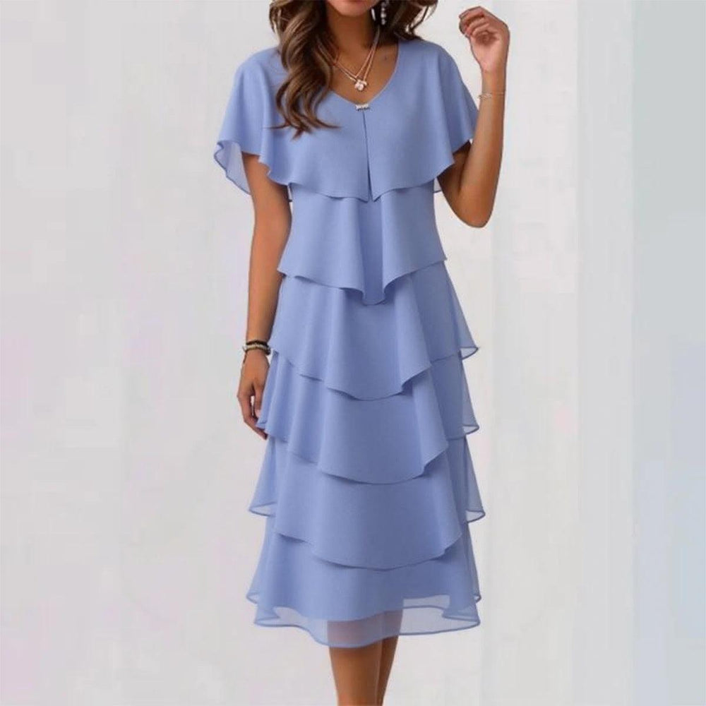 Blaues einfarbiges Midikleid mit V-Ausschnitt