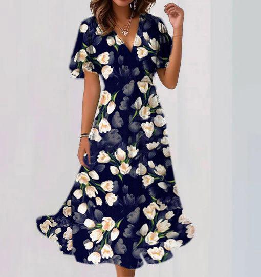 Auffälliges kurzärmeliges Midikleid mit Blumendruck