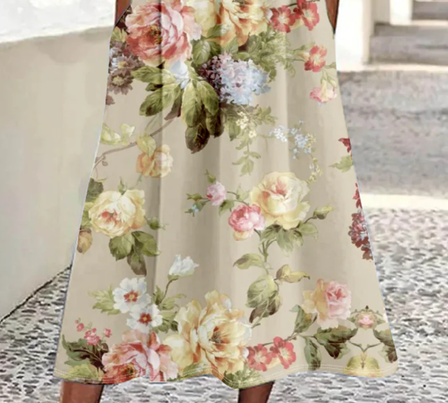 Khaki Seitentasche Rundhals Midikleid